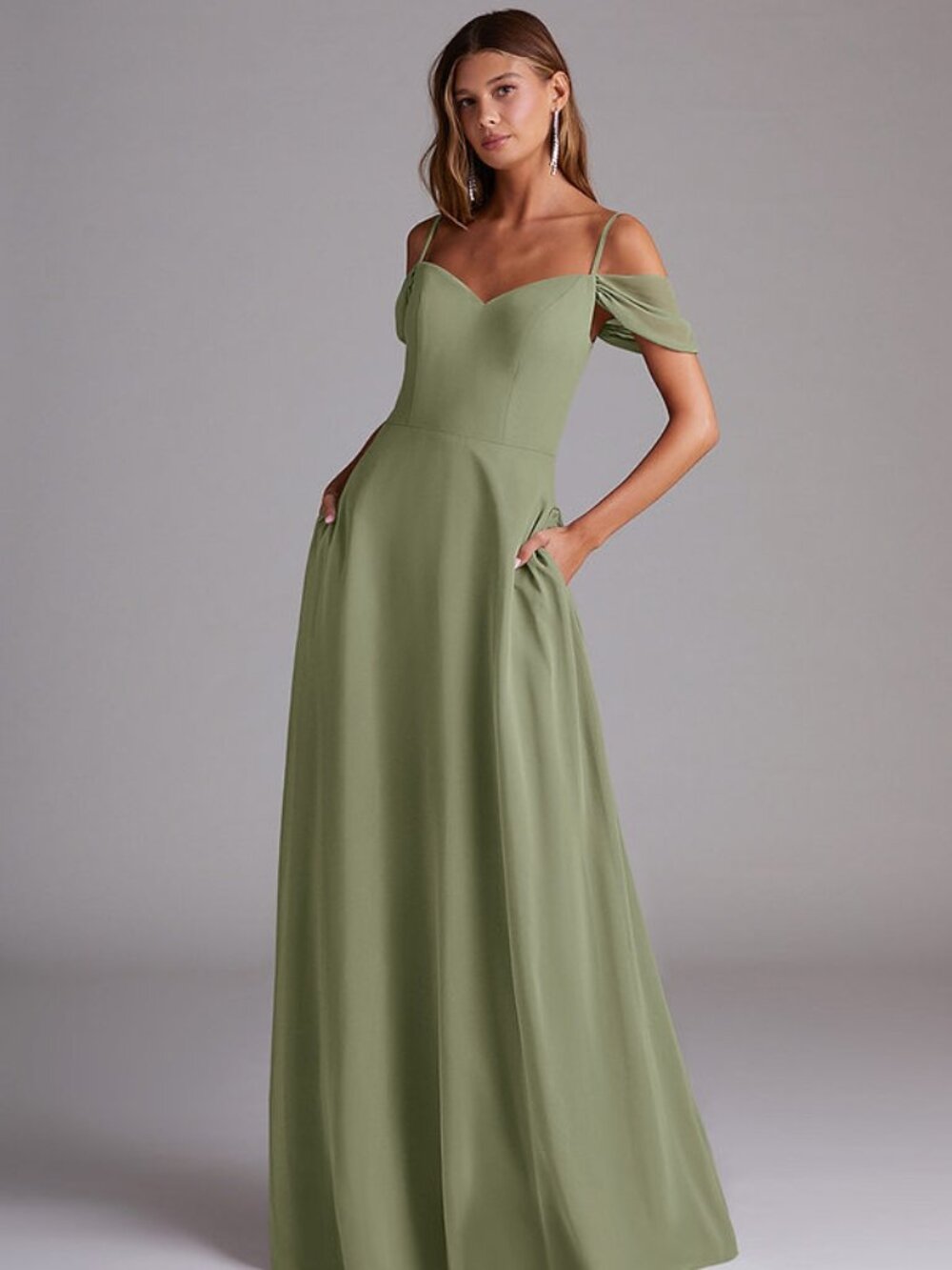 Azazie Marley Bridesmaid Pistachio Off the Shoulder Chiffon Convertible Dress